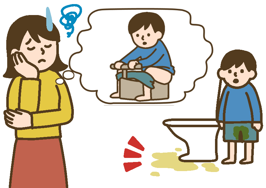 おまるでトイレをする子どもを思い出しながら悩む母親と、トイレを汚してしまった子ども