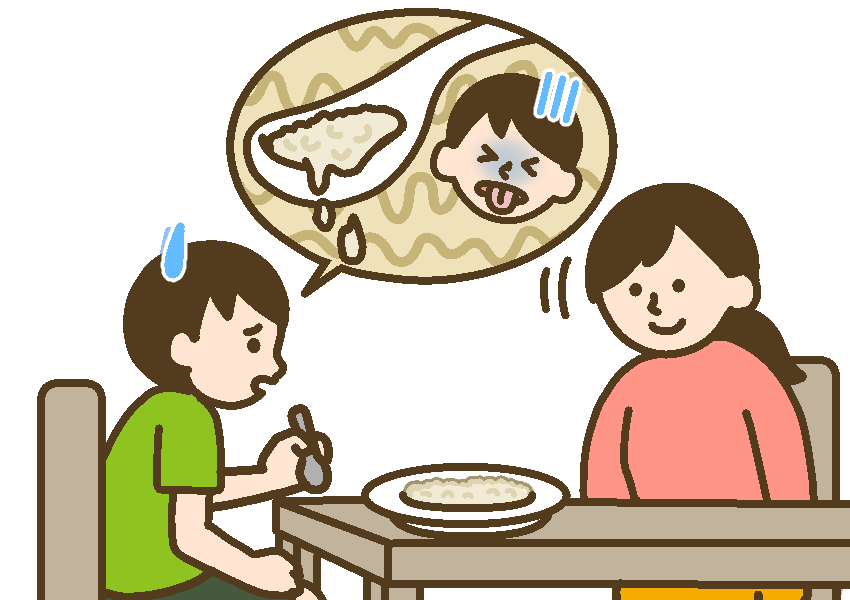 おかゆを見ながら「ドロドロした食べ物が苦手」と伝える子どもと、子どもの話を傾聴する母親