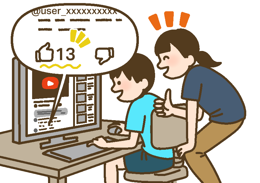 PCでYoutubeを見ながら、少年が書いたポジティブクチコミに対するイイネが増えて一緒に喜ぶスタッフ