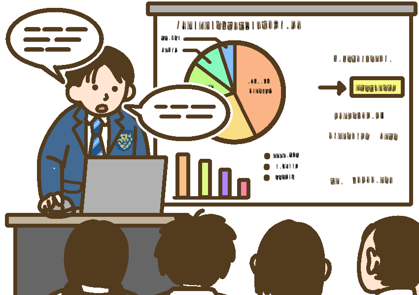 会話の構造化を利用し、プレゼン発表を行う男子高校生