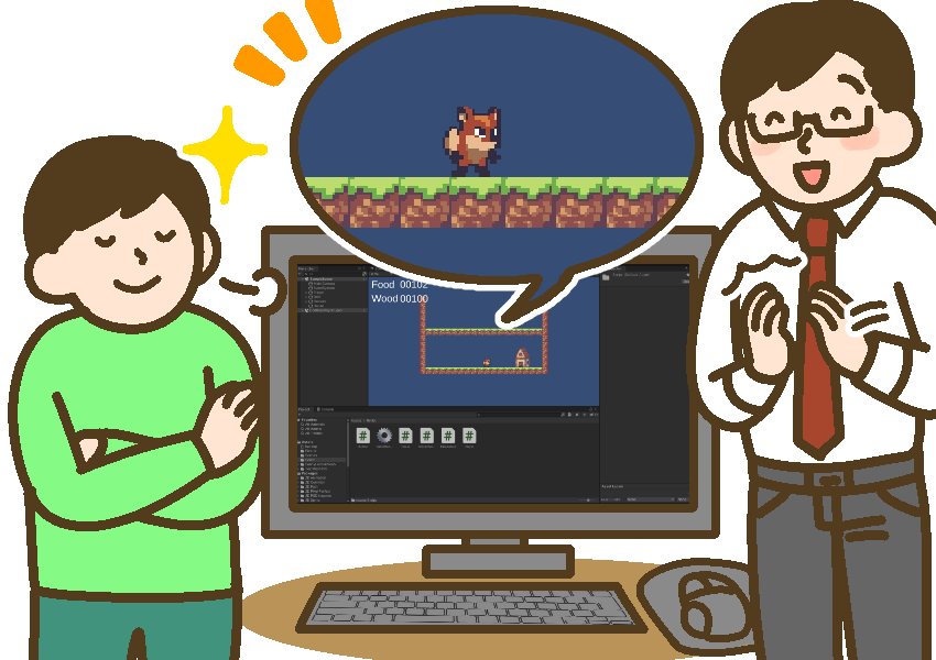 自分で作ったプログラムを見せる男児と、それを褒める父親