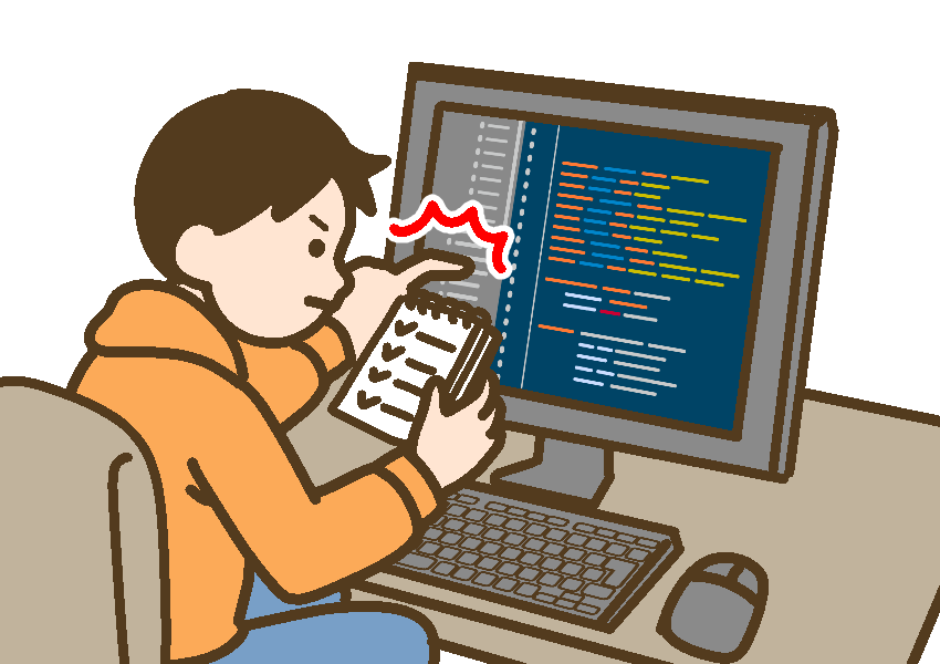 自分で作ったプログラムをチェックリストを見てチェックする男児