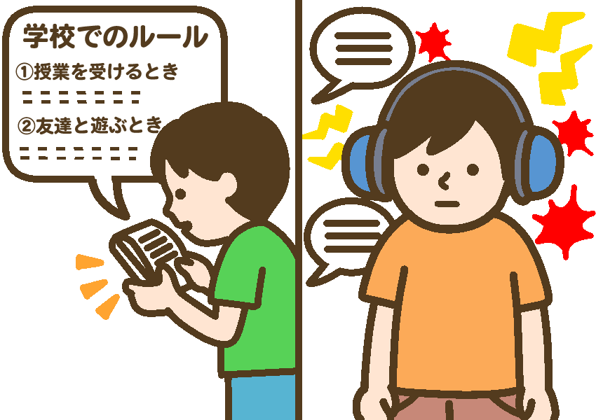 環境調整のイメージ図(ルールをメモして持ち歩く男児と、イヤーマフをつける男児)
