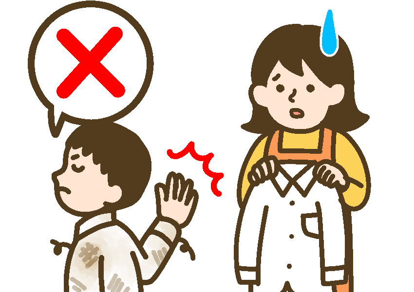 新しいシャツに変えるよう提案する母親に対し、汚いシャツが気に入ってるから変えないと拒否する男子