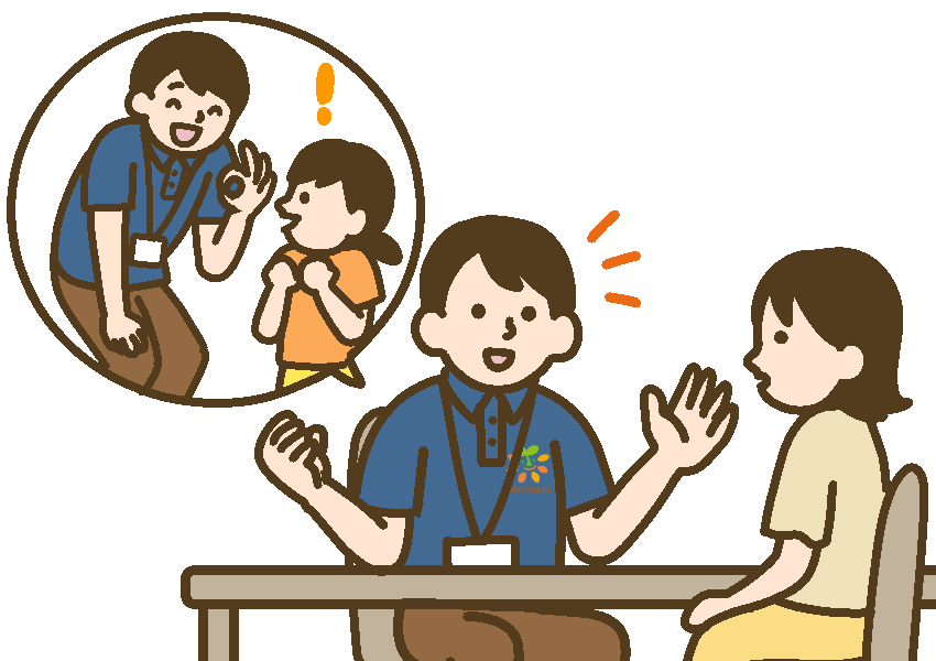 母親に訓練中の様子をはなすスタッフ