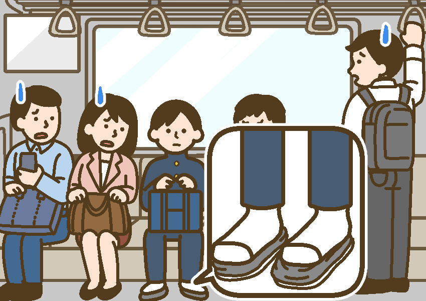 電車の中で、靴の上に靴下で足を乗せる中学生男子と、それを見て引いている乗車客