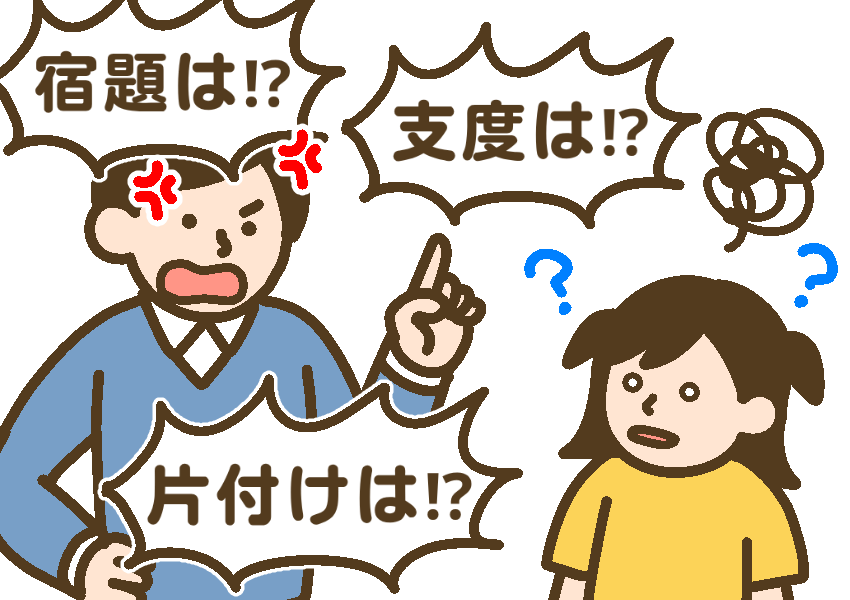 父親に、準備ができていないことを矢継ぎ早に言われるが、情報の処理が追いつかずフリーズする女子
